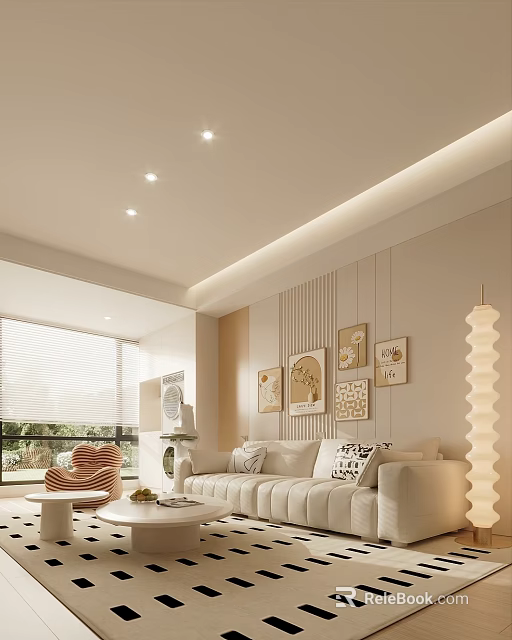 Modern Living Room Interior With Sofa Armchair Wall Art Floor Lamp And Blinds 3d model 