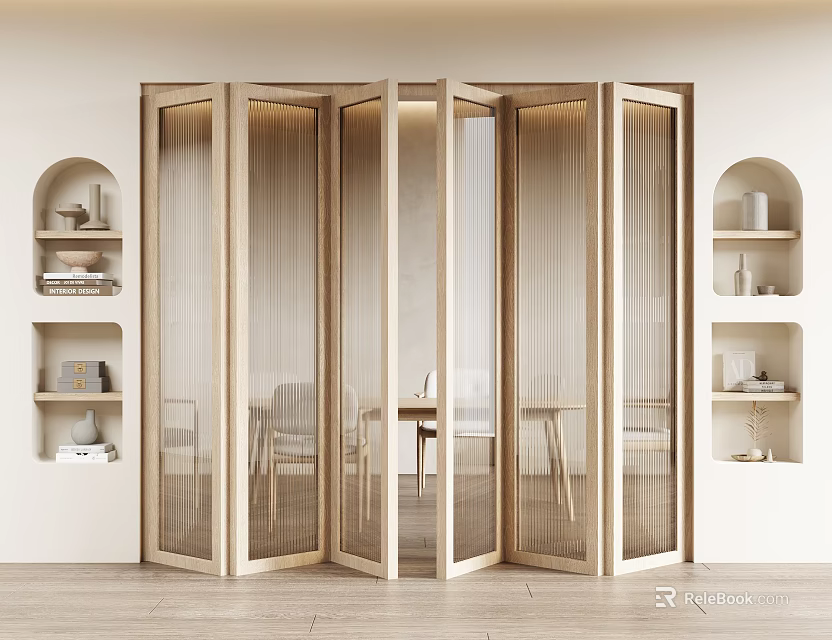 Modern Minimalist Folding Doors with Wooden Frame and Clear Glass in Interior with Arched Shelves 3d model 