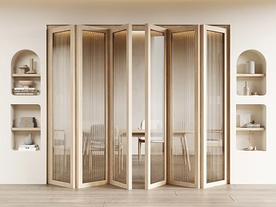Modern Minimalist Folding Doors with Wooden Frame and Clear Glass in Interior with Arched Shelves 3d model