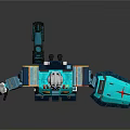 Blue And Gray Robot Character In 3D Model With Mechanical Armor And Arm Weapon