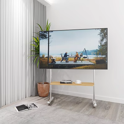 Modern TV Setup in Living Room with Green Plant Wooden Cart Holding Books and Cup 3d model