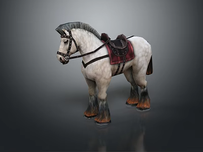 White Horse With Gray Mane Red Saddle And Bridle On Dark Background 3d model