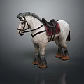 White Horse With Gray Mane Red Saddle And Bridle On Dark Background