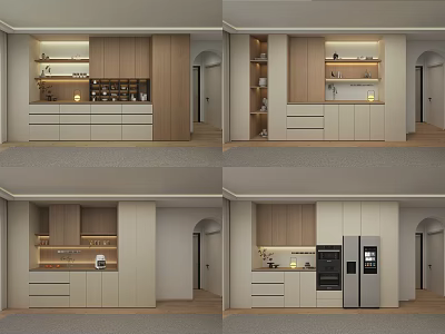 Modern Wooden Sideboard With Light Panels Storage Drawers Cabinets Open Shelves And Built-in Appliances 3d model