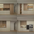Modern Wooden Sideboard With Light Panels Storage Drawers Cabinets Open Shelves And Built-in Appliances