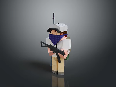 3D Pixel Character Holding Rifle Wearing Hat Mask And Backpack 3d model