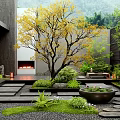 Modern Courtyard Garden with Yellow Tree Stone Pathway Lush Greenery and Stone Basin
