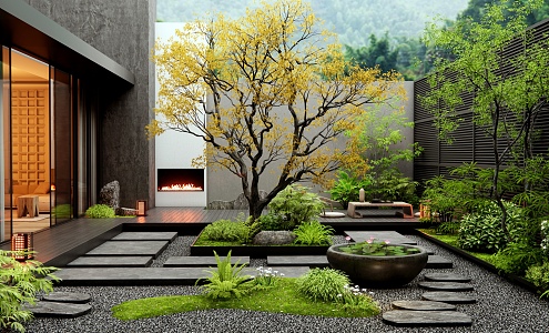 Modern Villa Courtyard Garden Plant Landscape Tingbu Water Pot Waterscape Landscape Trees Flowers and Plants Combination 3d model