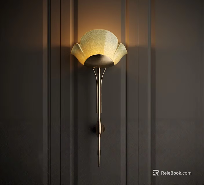 Elegant Petal Shaped Wall Lamp With Golden Stand On Dark Vertical Striped Wall Warm Light 3d model 