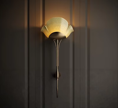 Elegant Petal Shaped Wall Lamp With Golden Stand On Dark Vertical Striped Wall Warm Light 3d model