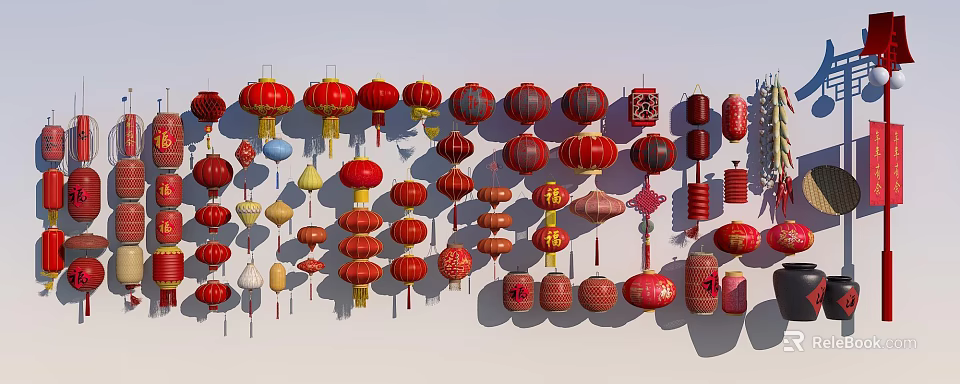 Traditional Chinese Lanterns in Various Colors and Different Shapes Hanging Together 3d model 