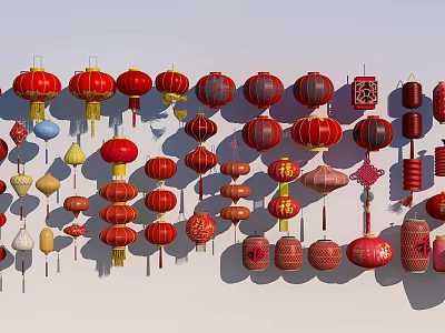 Traditional Chinese Lanterns in Various Colors and Different Shapes Hanging Together 3d model