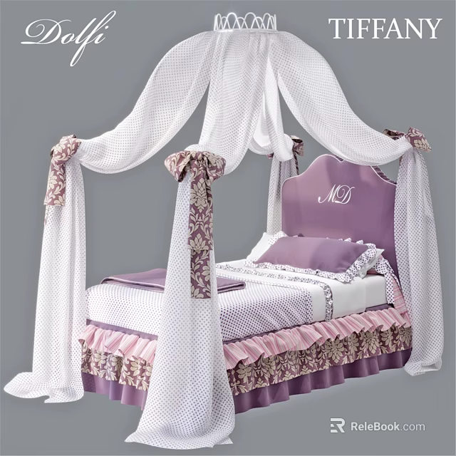 Princess Themed Kids Bed With Monogrammed Purple Headboard White Canopy And Ruffled Bedding 3d model 
