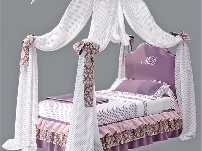 Princess Themed Kids Bed With Monogrammed Purple Headboard White Canopy And Ruffled Bedding 3d model