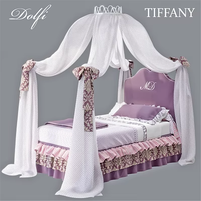 Princess Themed Kids Bed With Monogrammed Purple Headboard White Canopy And Ruffled Bedding 3d model