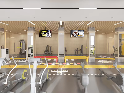Spacious Modern Gym Interior With Treadmills Fitness Equipment And Wooden Walls 3d model