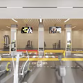 Spacious Modern Gym Interior With Treadmills Fitness Equipment And Wooden Walls
