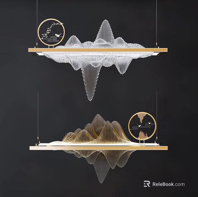 Elegant Mountain Inspired Chandelier With White Lines Golden Frame Circular Decor And Reflection 3d model