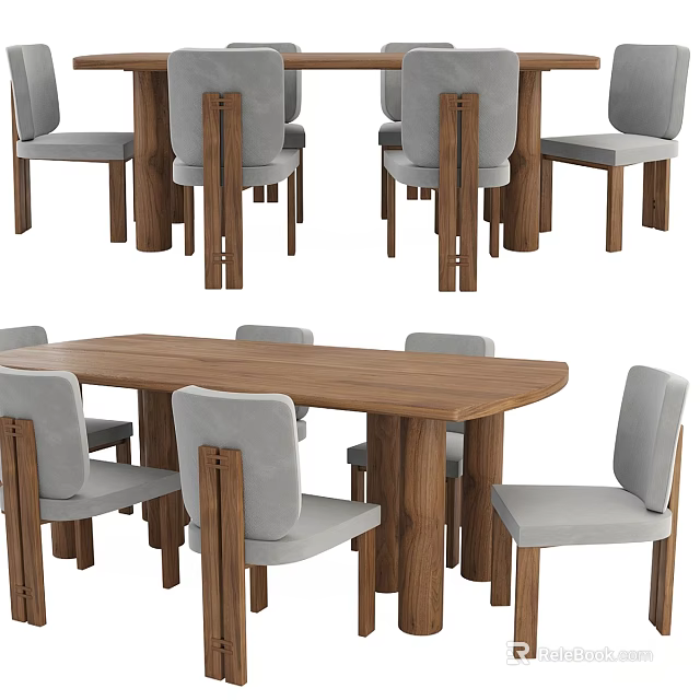 Modern Wooden Dining Table Set With Six Gray Upholstered Chairs 3d model