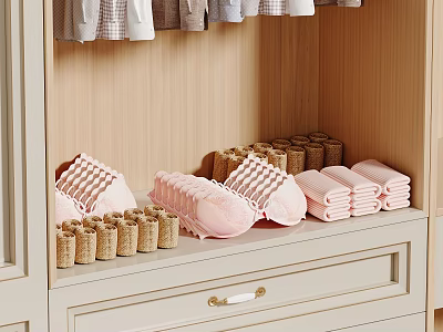 Wooden Wardrobe Interior With Organized Storage Pink Slippers Folded Towels And Cylindrical Jars 3d model