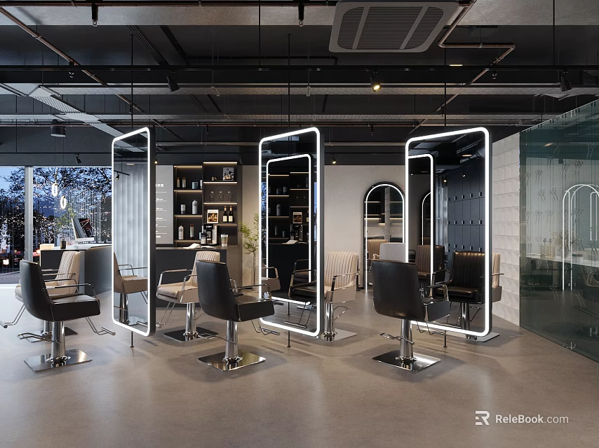 Spacious Modern Hair Salon Interior Design With Styling Chairs And Backlit Mirrors 3d model 