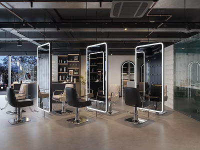 Spacious Modern Hair Salon Interior Design With Styling Chairs And Backlit Mirrors 3d model