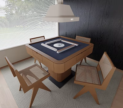 Wooden Entertainment Table With Dark Blue Surface Circular Center And Four Woven Backrest Chairs 3d model