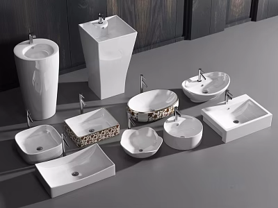 White Ceramic Washbasins with Various Shapes and Designs Against Dark Wooden Walls 3d model