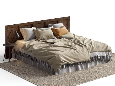 Double Bed with Wooden Headboard Gray Beige Pillows Fringed Bedspread on Rug with Black Lamp 3d model