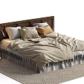 Double Bed with Wooden Headboard Gray Beige Pillows Fringed Bedspread on Rug with Black Lamp