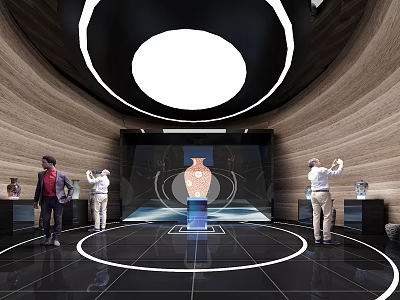 Exhibition Hall Interior With Central Vase Display Circular Design Wooden Walls Lighting And People Visiting 3d model