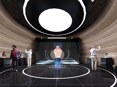 Exhibition Hall Interior With Central Vase Display Circular Design Wooden Walls Lighting And People Visiting 3d model