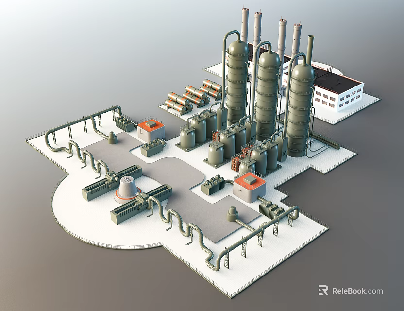 Industrial Equipment Facility Featuring Large Storage Tanks Piping Systems Chimneys And Plant Structures 3d model 
