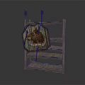 Ancient Medieval Shield With Intricate Decorative Patterns Hanging On Wooden Display Rack