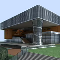 Modern Office Building Design With Glass Curtain Walls Metal Structure And Green Roof