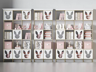 Modern Rabbit Ear Design Bookshelf With Pink White Storage Boxes And Gold Frame 3d model
