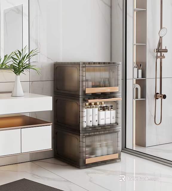 Modern Bathroom Set With Transparent Storage Cabinet Wooden Shelves White Vanity And Brass Shower Fixture 3d model 