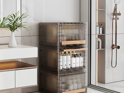 Modern Bathroom Set With Transparent Storage Cabinet Wooden Shelves White Vanity And Brass Shower Fixture 3d model