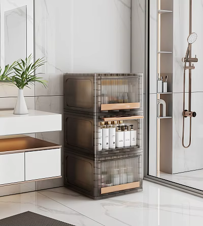 Modern Bathroom Set With Transparent Storage Cabinet Wooden Shelves White Vanity And Brass Shower Fixture 3d model