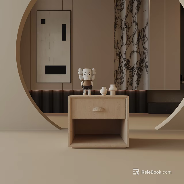 Modern Wooden Nightstand Design With Small Figurine And Candles Against Decorative Painting And Marble Curtains 3d model 