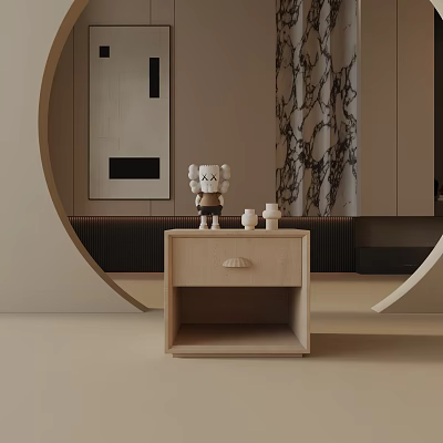 Modern Wooden Nightstand Design With Small Figurine And Candles Against Decorative Painting And Marble Curtains 3d model
