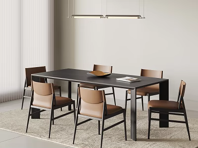 Modern Dining Table And Chairs Set With Leather Seats And Metal Frame In Minimalist Interior 3d model