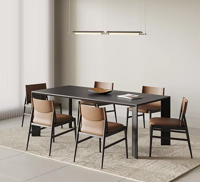 Modern Dining Table And Chairs Set With Leather Seats And Metal Frame In Minimalist Interior 3d model