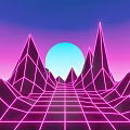 Cartoon Scene With Neon Geometric Mountains Gradient Sky Blue Sun And Grid Floor