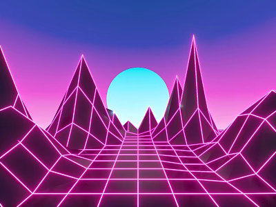 Cartoon Scene With Neon Geometric Mountains Gradient Sky Blue Sun And Grid Floor 3d model