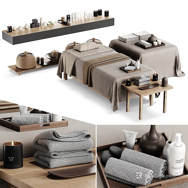 Comfortable Massage Bed With Soft Towels Essential Oil Bottles And Wooden Side Table 3d model 