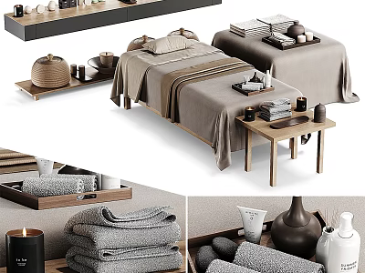 Comfortable Massage Bed With Soft Towels Essential Oil Bottles And Wooden Side Table 3d model