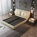 Modern Double Bed With Beige Leather Headboard Wooden Slat Base And Nightstands In Bedroom