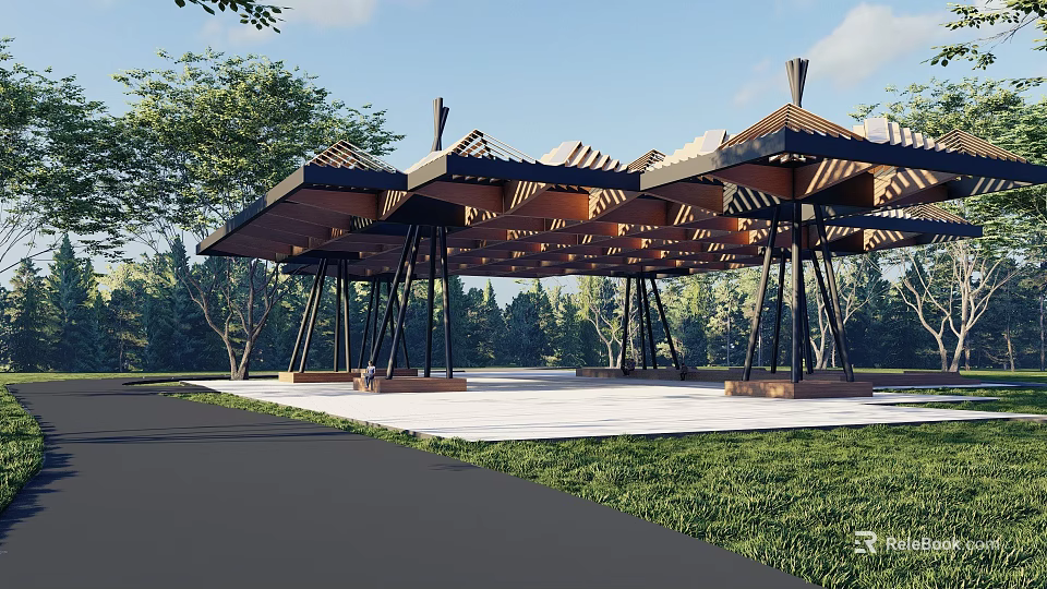Outdoor Pergola Structure With Wooden Roof And Metal Supports In Green Park 3d model 
