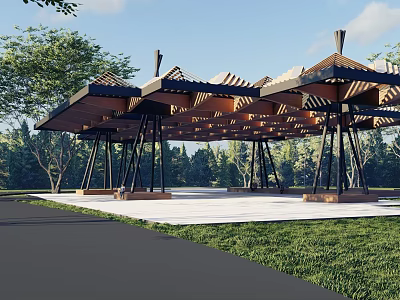 Outdoor Pergola Structure With Wooden Roof And Metal Supports In Green Park 3d model